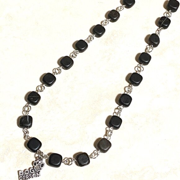 Genuine Black Agate Cube Necklace, Cute Dog Person Paw Print Pendant + Gemstone - Picture 4 of 9